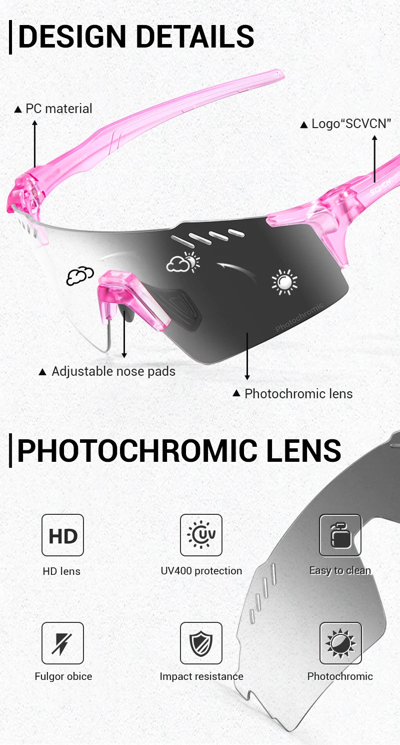 SCVCN Photochromic bike Cycling glasses UV400 Bicycle riding Eyewear Sports MTB Outdoor Sports Golf Camping Driving Eyepieces