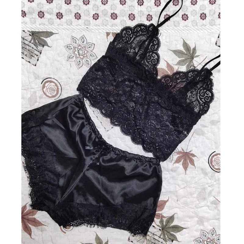 2PCS Womens Lace Sleepwear Lingerie Tops Shorts Set Babydoll Pajamas Nightwear