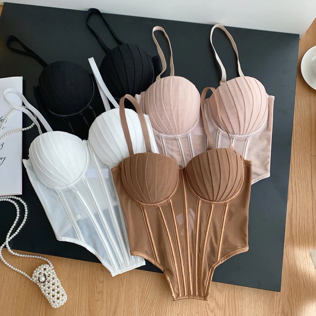 SINGREINY Fashion Solid Corset Lingerie Top Ladies Strap Sheer Mesh Slim Camisole American Retro Backless Beach Sexy Tank Top
