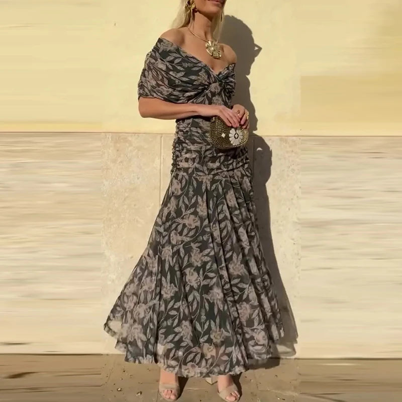2025 Floral Print High Waist Pleat Party Dress Elegant Women Bat Sleeve Swing Party Dress Female Chest Low Cocktail A-Line Dress