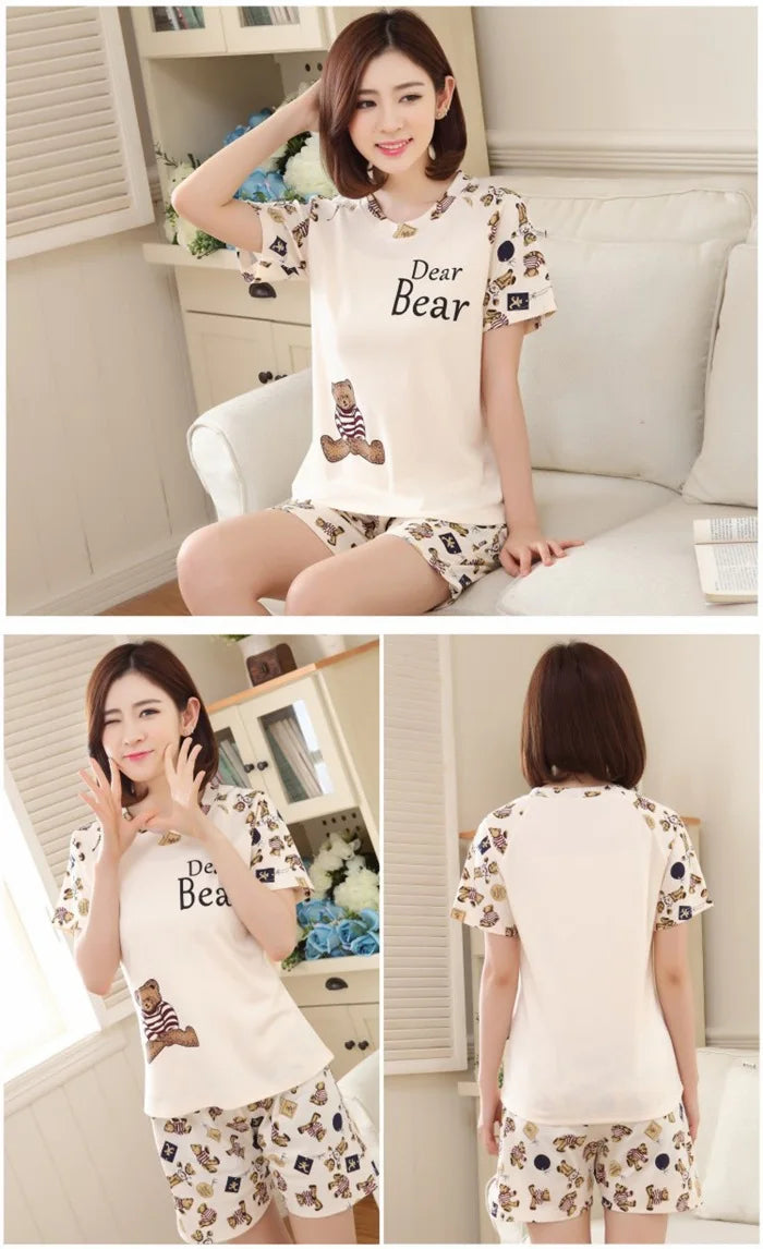 Women Thin Cute Sleepwear 2PCS Shirt Shorts Pajamas Set Nightwear Cartoon Intimate Lingerie Pyjamas Female Homewear Gift Tops
