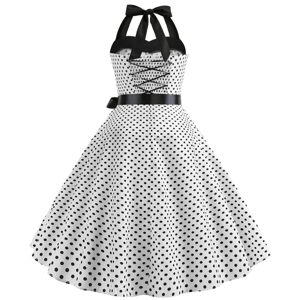 Elegant Women Pink Polka Dot Dress Summer Robe Hepburn 1950s 60s Vintage Sexy Halter Rockabilly Retro Party Dresses 2026 Vestido