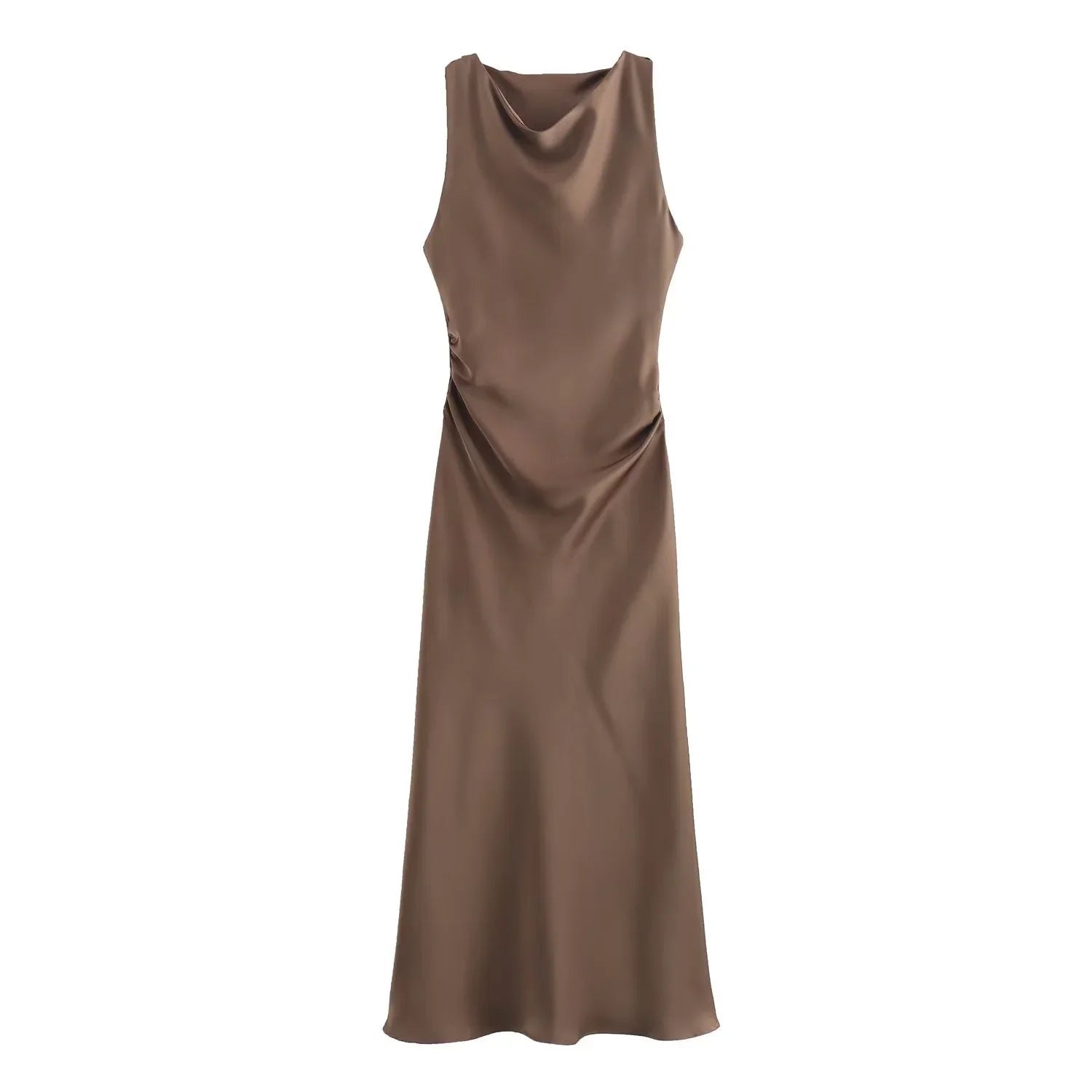 XNWMNZ 2024 Women's Fashion Satin Midi Dress Women High Street O Neck twisted armholes Waist Gathered Fit female Midi Dresses