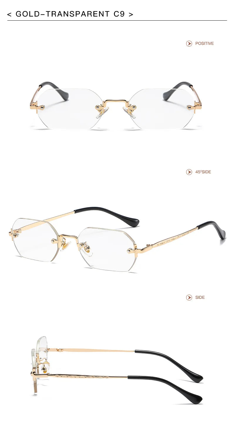 Rimless Rectangle Sunglasses Small Men Glasses Women Metal Gold Polygon Blue Shades 2024 UV400 Frameless
