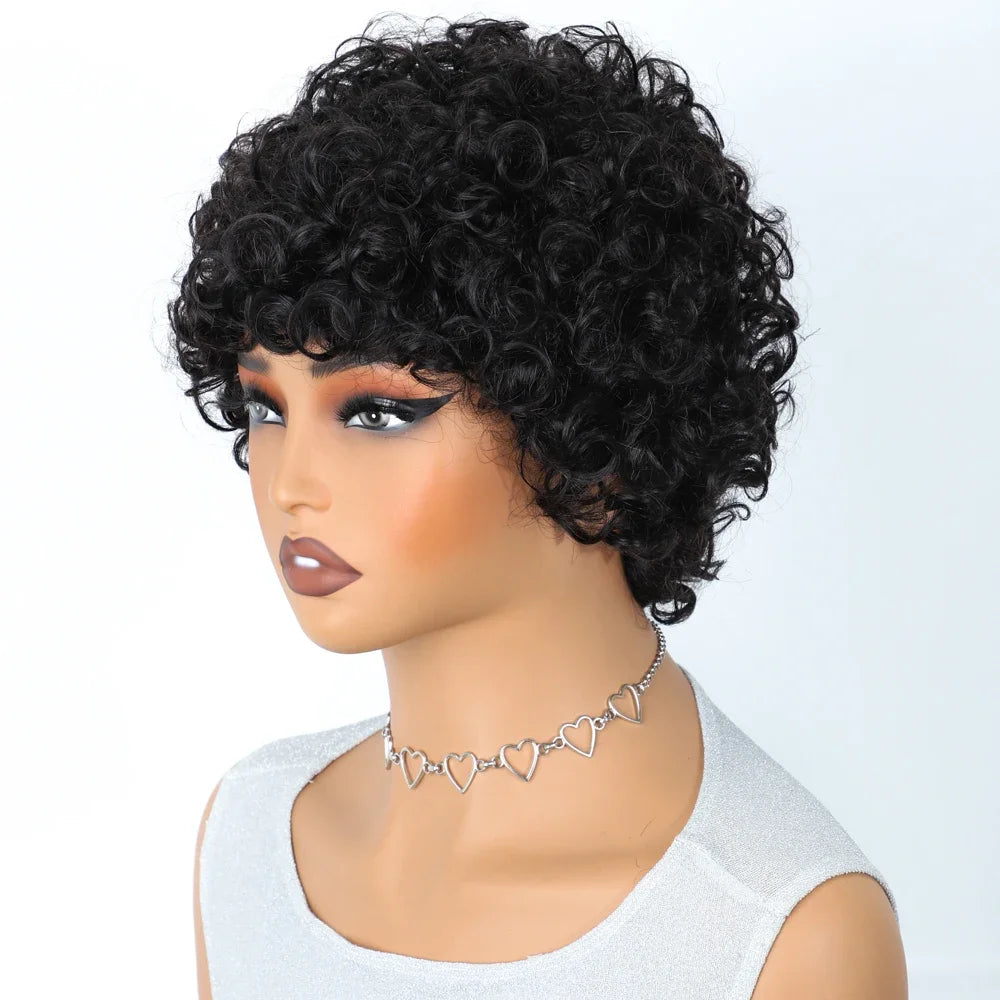 Brazilian Short Bob Pixie Afro Kinky Curly Wigs With Bangs For Black Women Natural Brown 99J Full Machine Made Human Hair Wigs