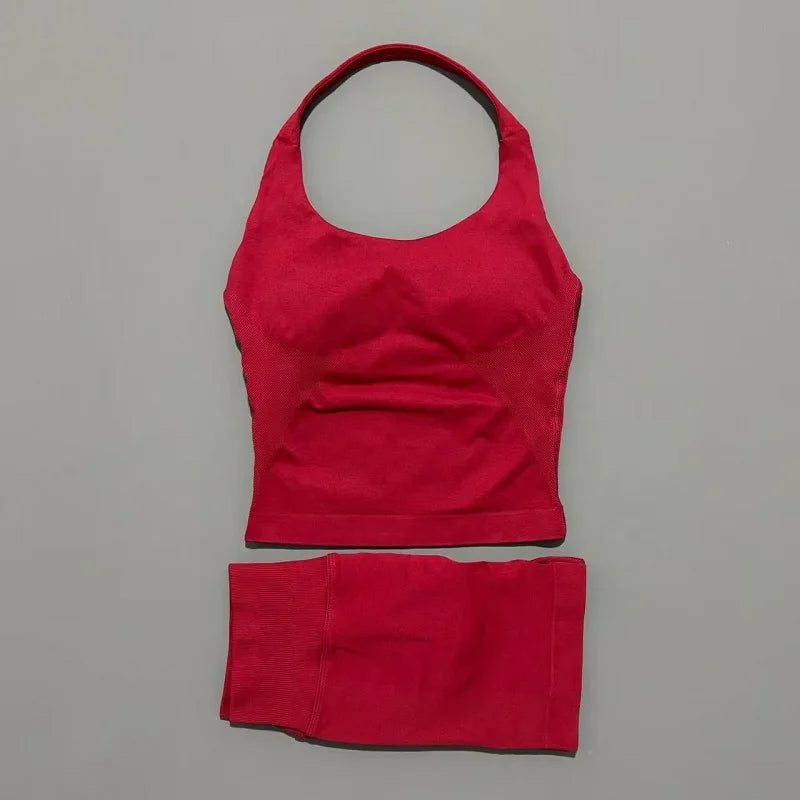 2 Peice Histello Sports Set Women Seamless Halter Top Longline Strappy Padded Scrunch Shorts Set Yoga Suit Gym Workout Sets