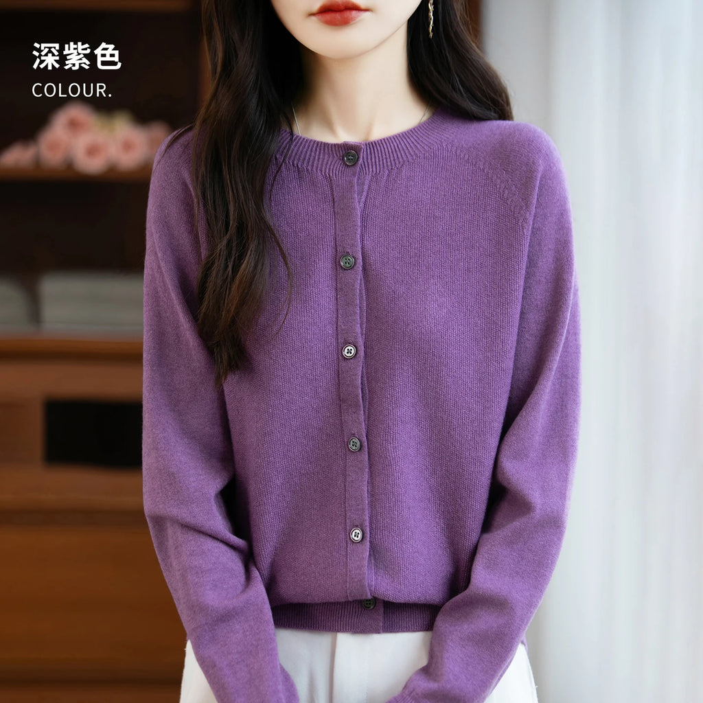 Classic Merino Wool Woman Sweater Basic Female Autumn Winter Knitted Cardigan Elegant Ladies Cashmere Long Sleeve Clothing Tops