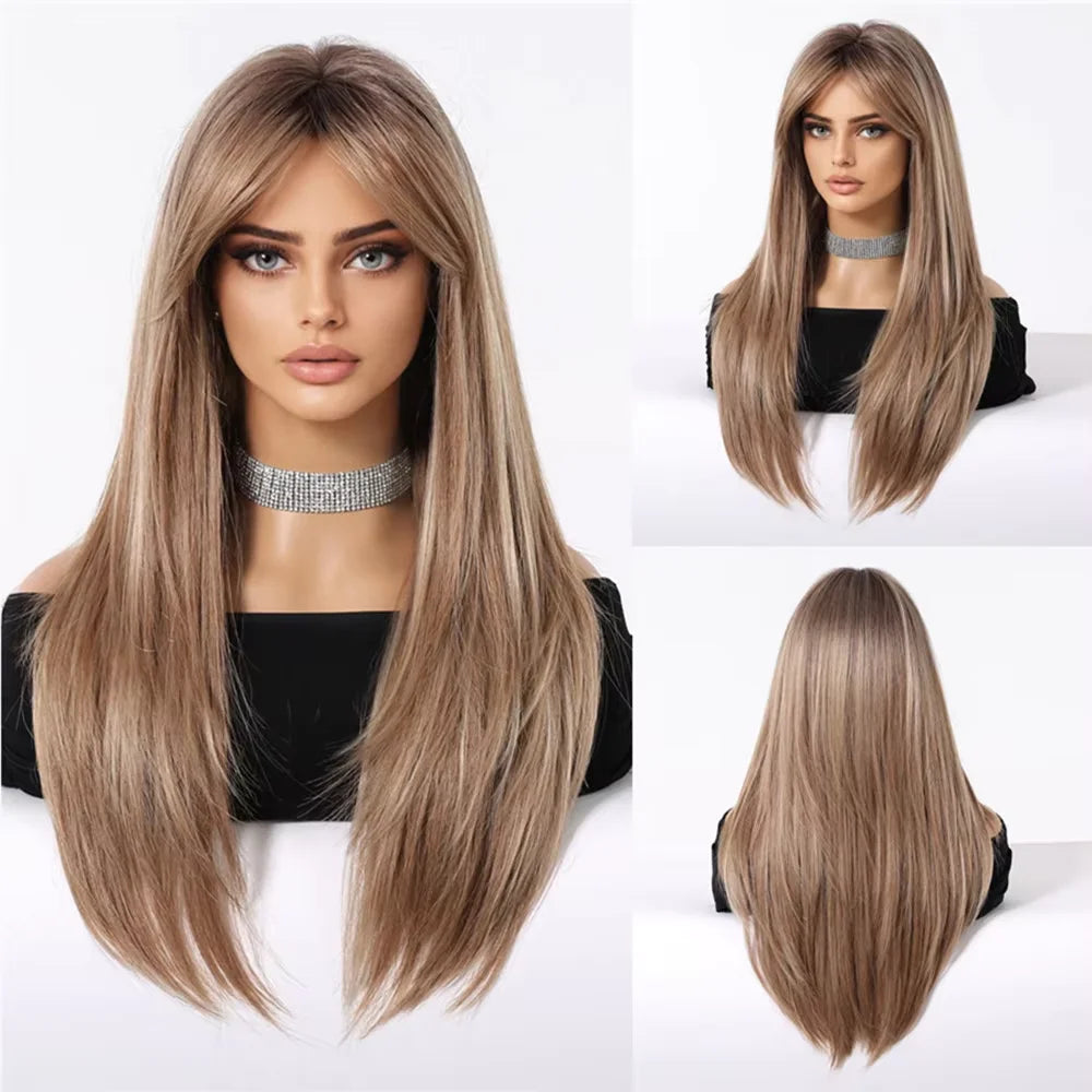 ALAN EATON Long Brown Highlight Synthetic Wigs Layered Straight Hair Wig Realistic Fake Hair for Daily Wear High Temperature Wig