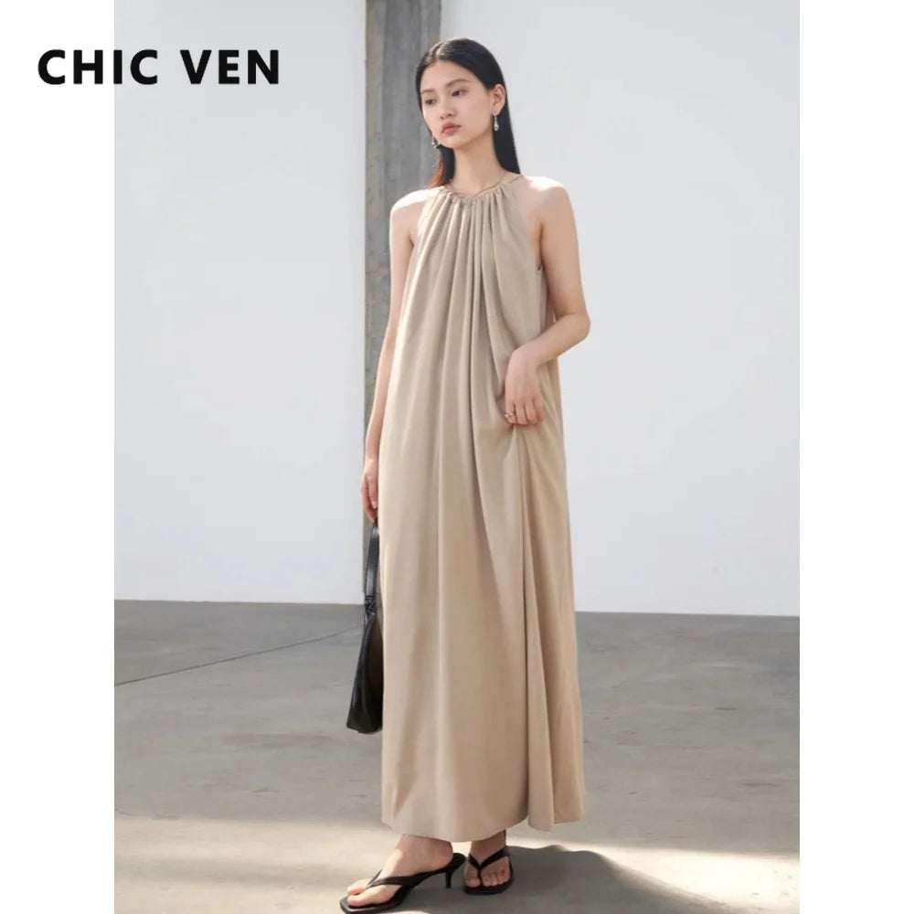 CHIC VEN Women Halter Dress A Line Solid Loose Casual Lace Up Black Sleeveless Holiday Female Long Dress Pullover Summer 2026