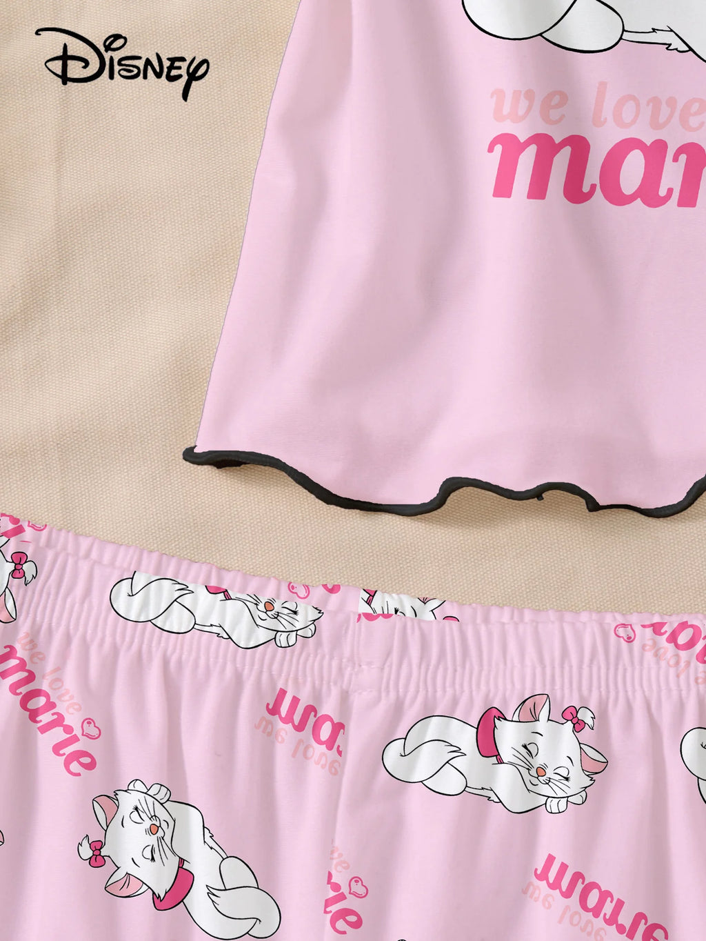 Women's 2-piece Disney Marie Cat Love Cartoon Printed Pattern Strap Top and Shorts Sleepwear Home Clothes