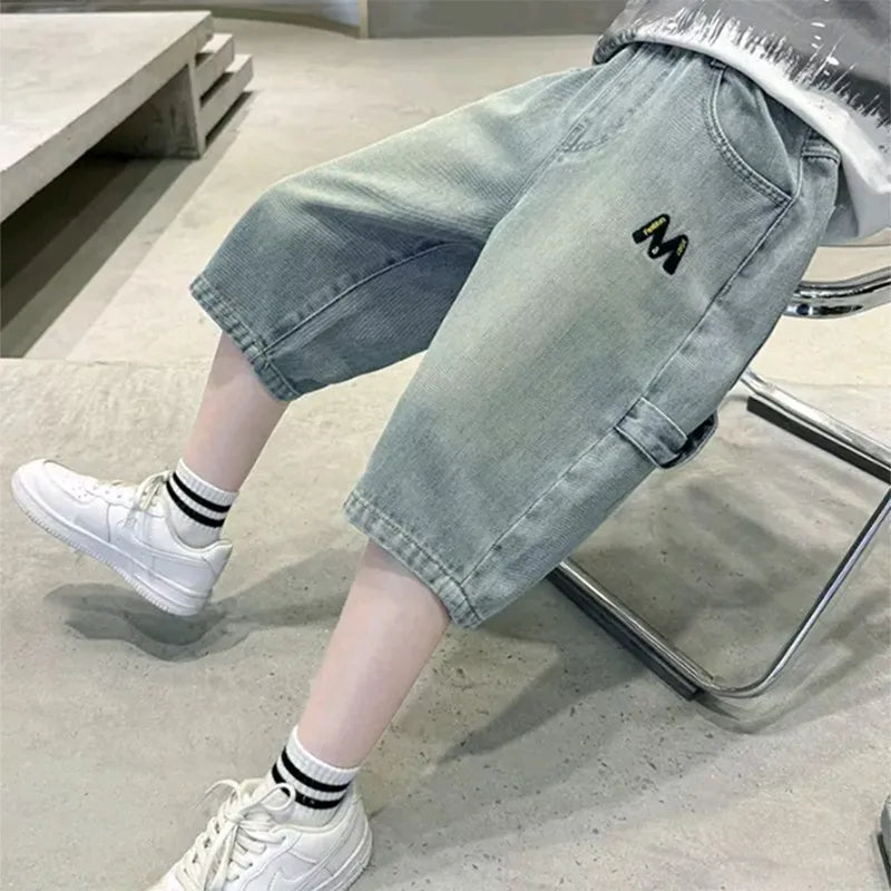 New Summer Teen Boys Shorts Jeans Fashion Letter M Embroidery Short Denim Pants For 4-14 Years Kids Children Trousers