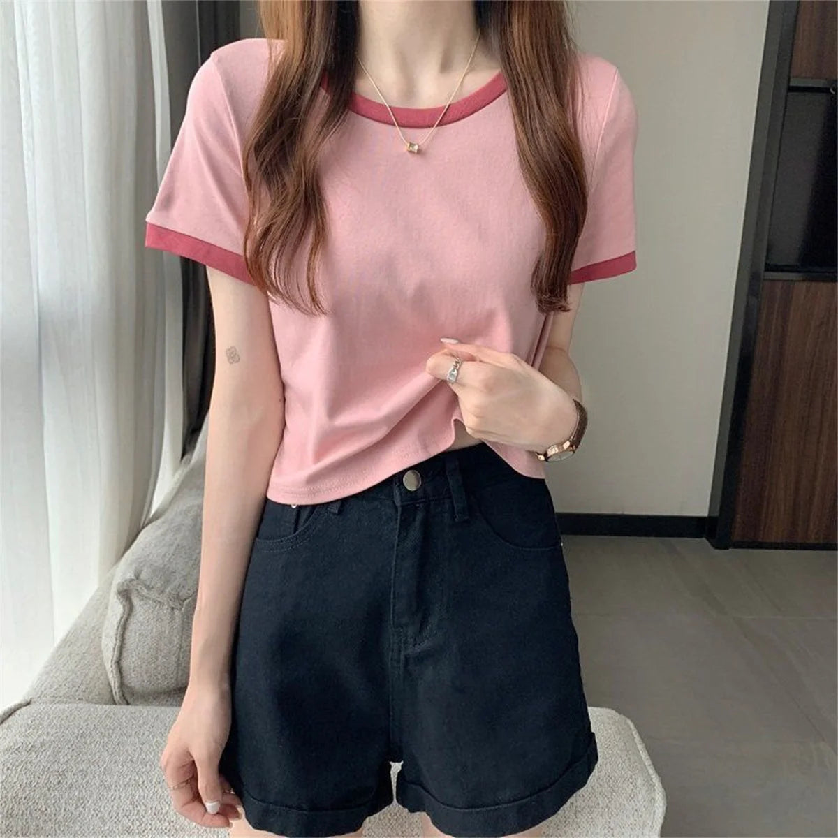 Fashion Patchwork T-shirts Women Basic Tee Casual Oversized Tops Quality Unisex Short Tshirts Tees Girl Summer Clothing Tops