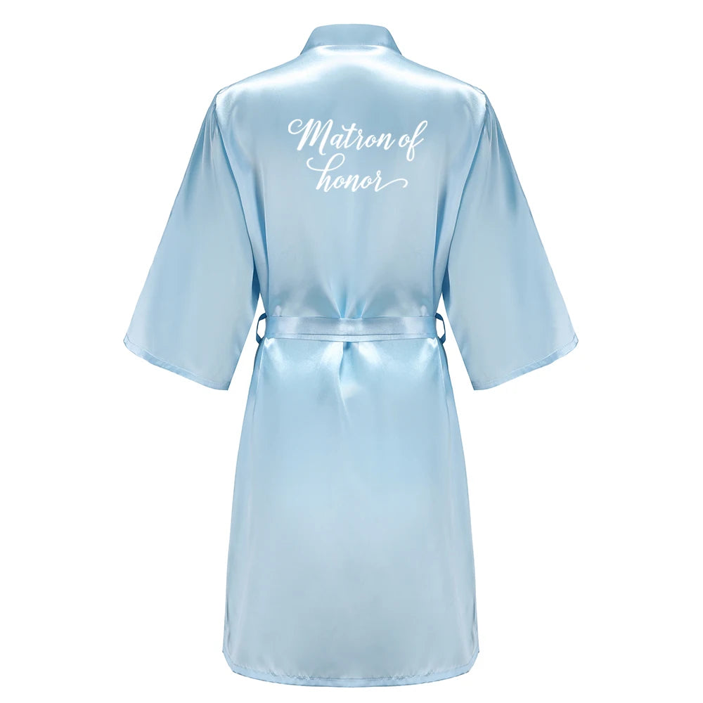 Light Blue Women's Satin Robe Short Kimono for Bride & Bridesmaid With White Letter, Wedding Party Robes