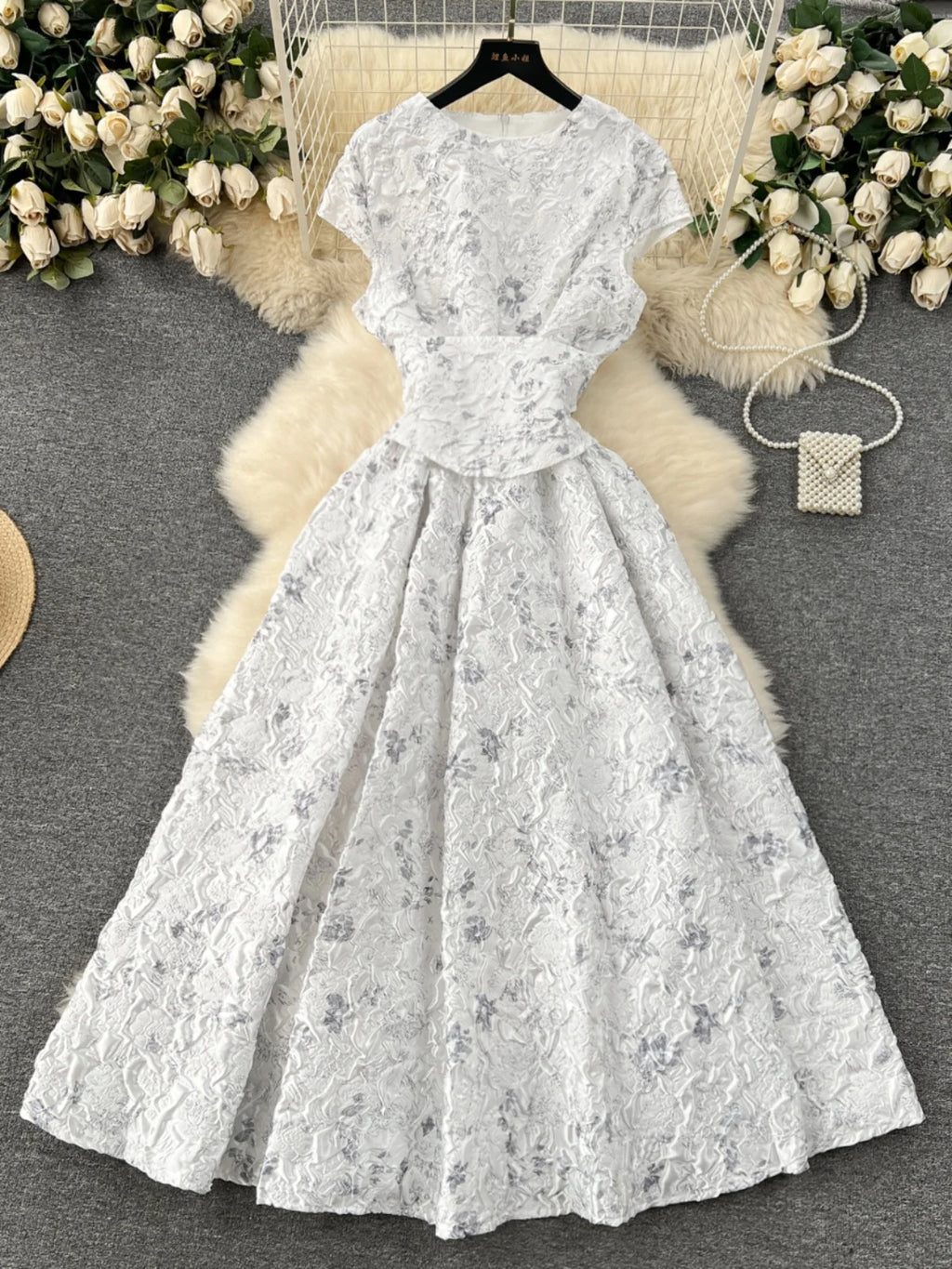 Court Style Elegant Long Dresses for Women Jacquard O-neck Short Sleeve A-line High Waist Vestidos Mujer Frenchic Dress Dropship