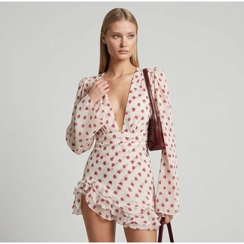 Elegant Floral Printed Mini Dress Women V-neck Short Sleeves Waist-cinching Ruffle Hem Dresses 2026 Lady Summer Vacation Gowns