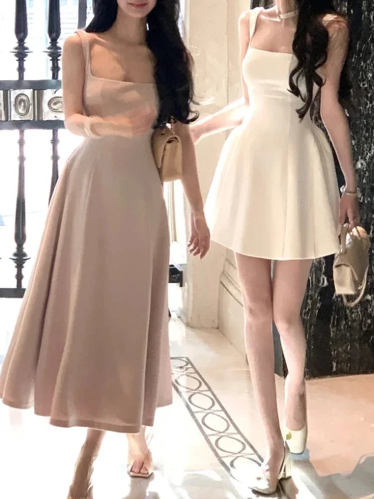 Elegant Korean Fashion Summer Evening Party Red U-neck Sling Dress Lady Casual High Waist Sleeveless Strap Mini Dress for Women