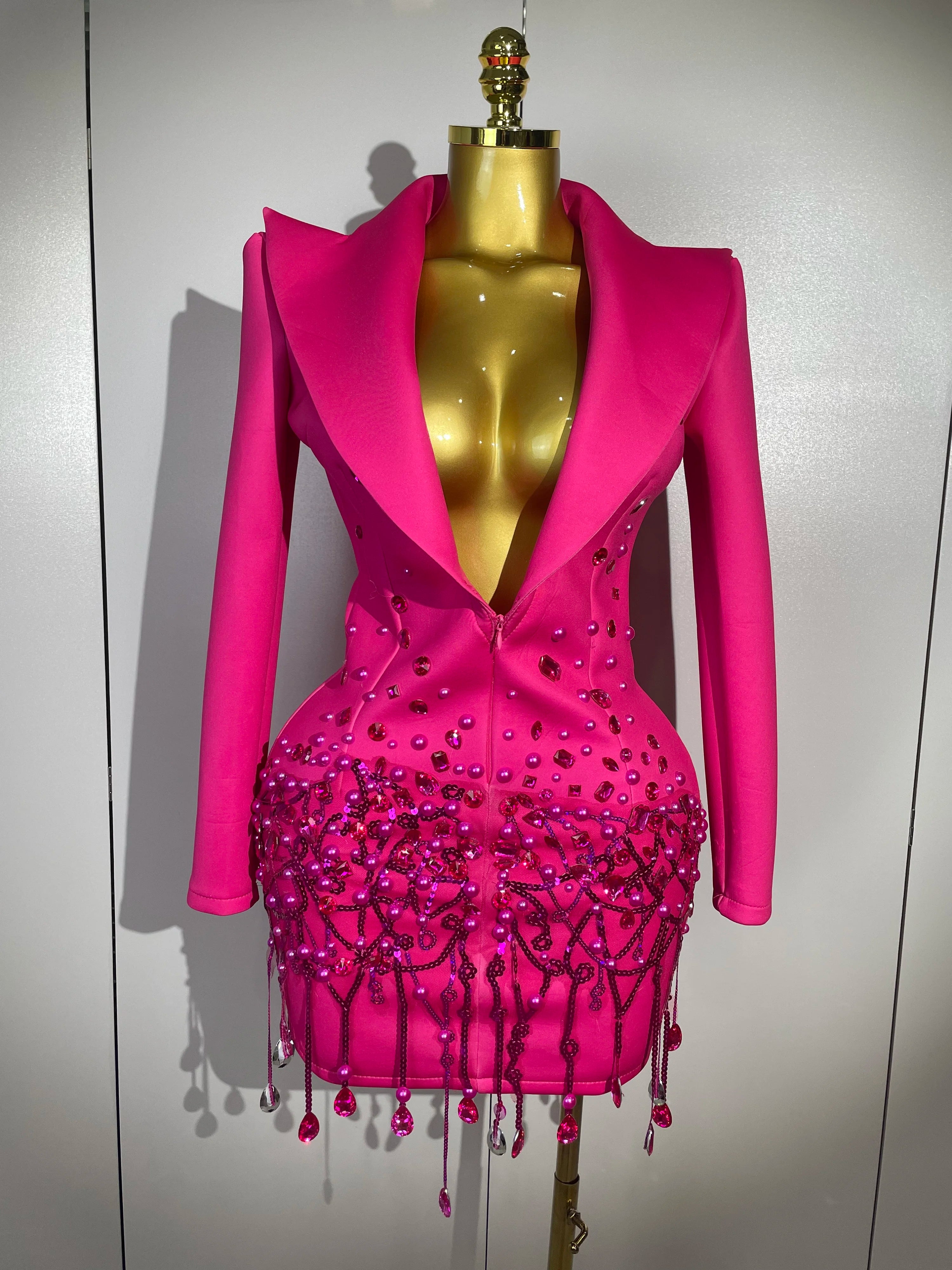 Sparkly Crystal Chains Pearls Long Sleeve Mini Dress 2025 Women Birthday Evening Party Nightclub Outfit Singer Wedding Costume