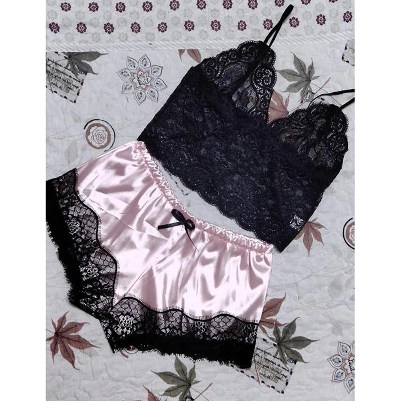 2PCS Womens Lace Sleepwear Lingerie Tops Shorts Set Babydoll Pajamas Nightwear