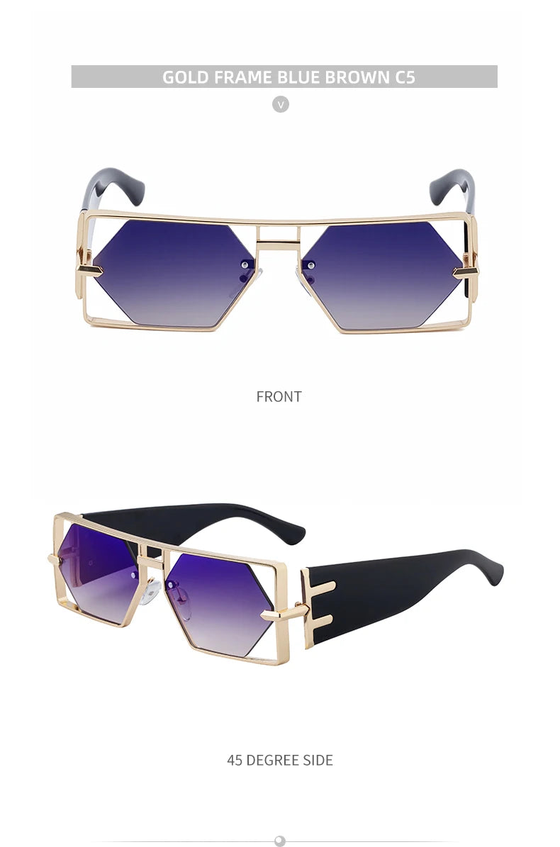 Steampunk Rectangle Sunglasses Women Men 2026 Luxury Hollow Metal Frame Sun Glasses Vintage Punk Hexagon Eyewear UV400 Shades