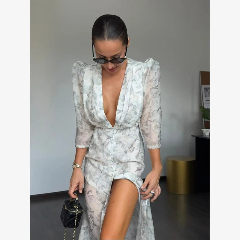 Fashion Organza Floral Printed Maxi Dress V-Neck Puff Sleeve 2026 Spring/Summer Romantic Women Party Gown Elegant Lady Vestido