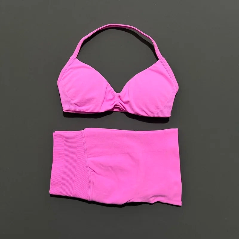2 Piece Sport Set Women Seamless Yoga Tank Bra High Waist Scrunch Bum Gym Shorts Sets Fitness Running Workout Suit