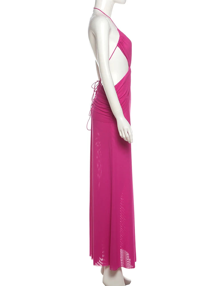 Weird Puss Ruched Sexy Dress Women Y2K Coquette V Neck Cross Backless Sleeveless Ruffles Splits Prom Party Hipster Long Bodycon