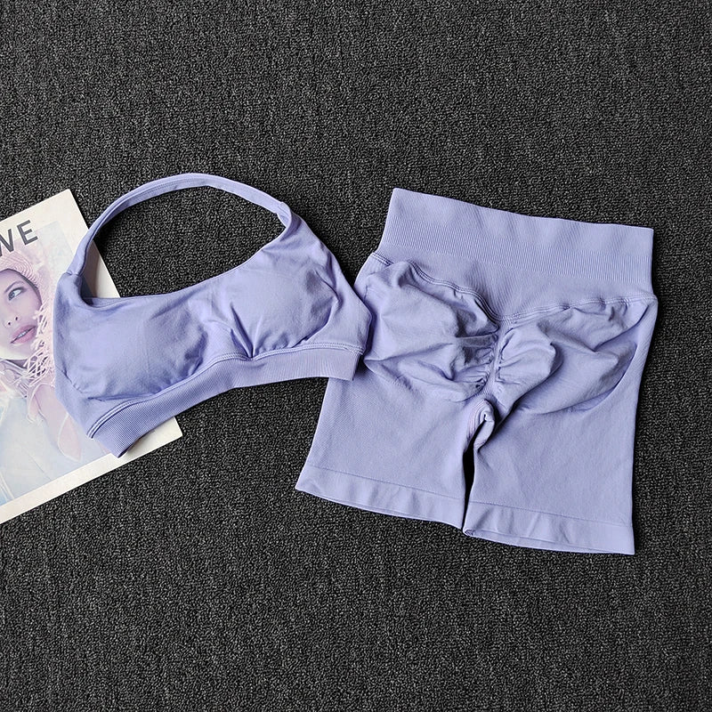 2PCs Peach High Waist Belly Hip Lifting Sports Bras Shorts Suit Gathering Shock-proof Neck Halter Yoga Suit Running Fitness Set