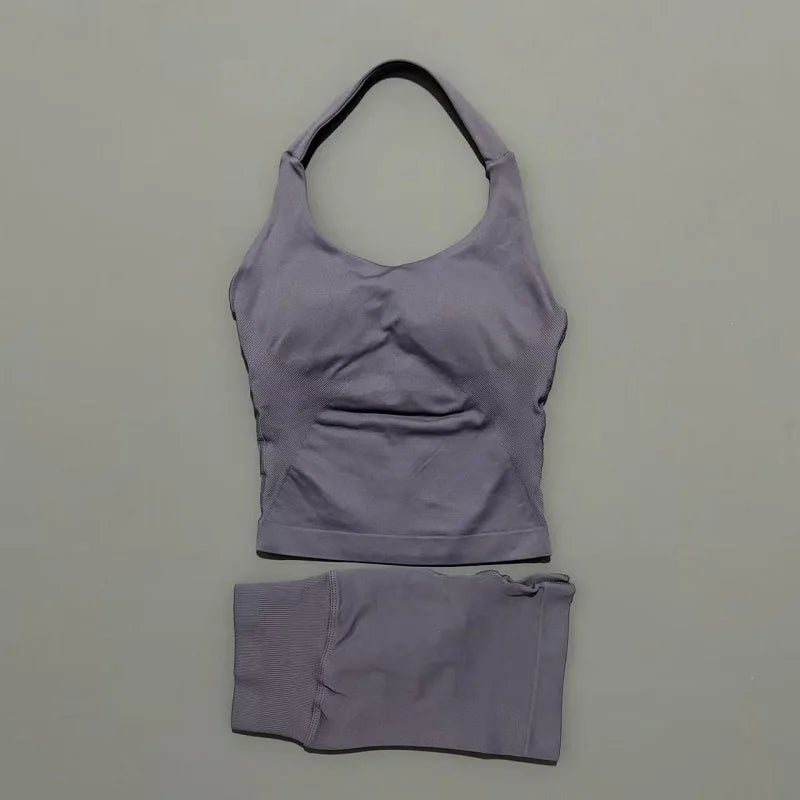 2 Peice Histello Sports Set Women Seamless Halter Top Longline Strappy Padded Scrunch Shorts Set Yoga Suit Gym Workout Sets