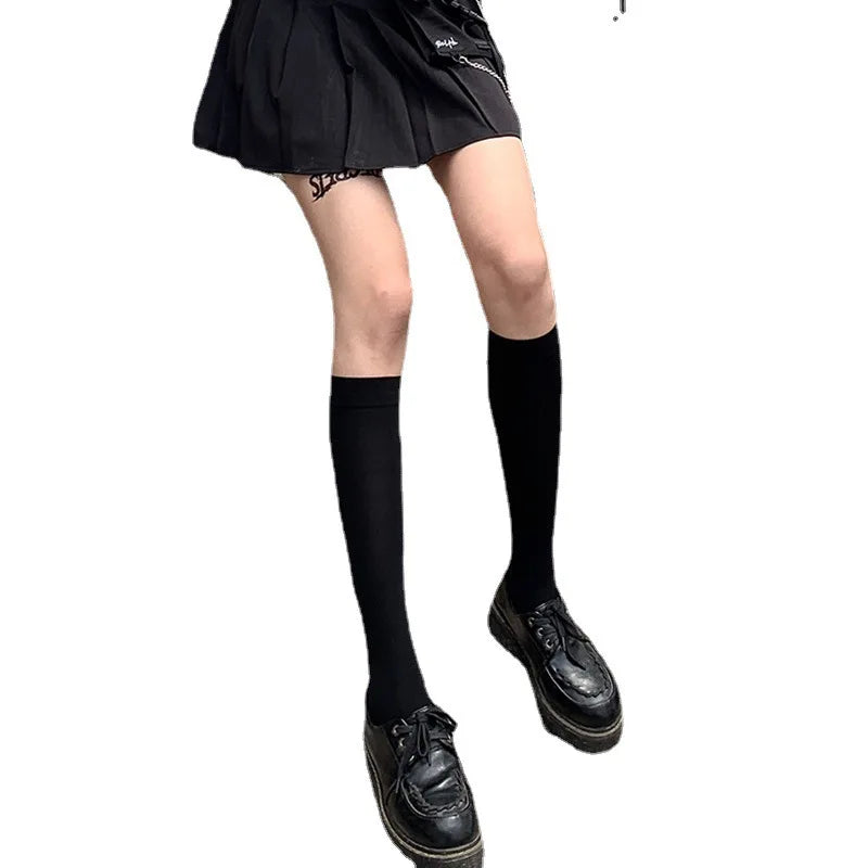 JK Women Black White Knee High Lolita Socks Lady Girls Over Knee Cute Long Sock Thin Breathable Solid Color Stockings For Women