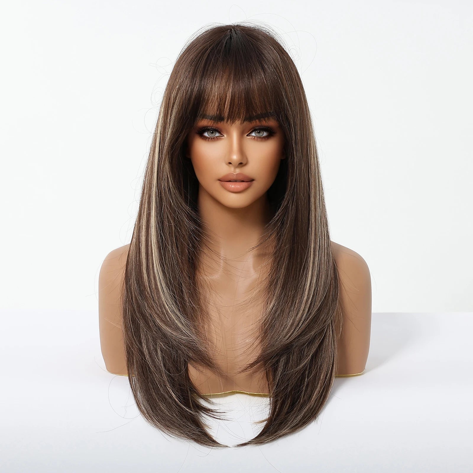 ALAN EATON Long Brown Highlight Synthetic Wigs Layered Straight Hair Wig Realistic Fake Hair for Daily Wear High Temperature Wig