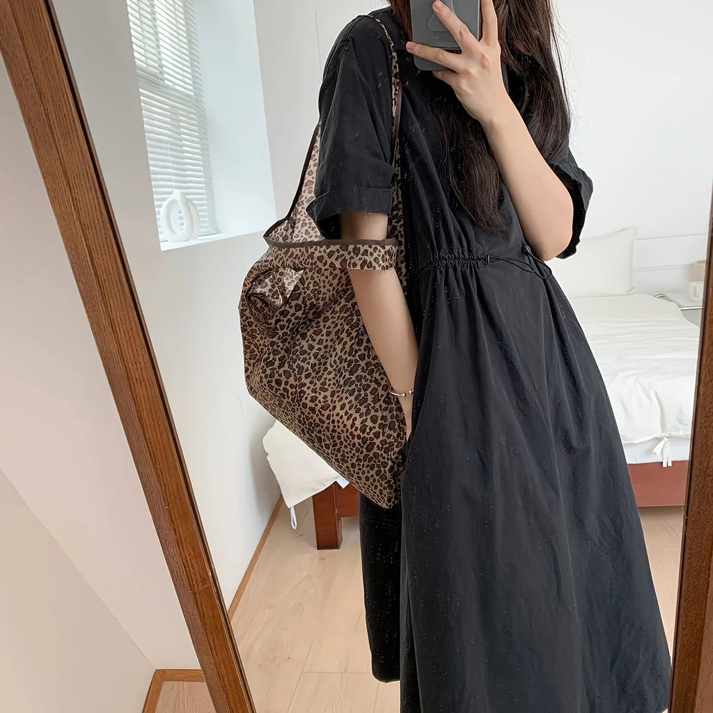 Leopard Print Foldable Tote Bag Lightweight Polyester Leak-Proof Reusable for Shopping Travel Work