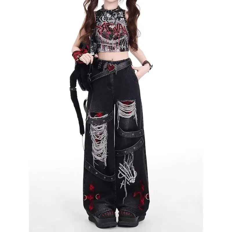 Y2k American-style hot girl ripped casual jeans for women straight-cut high-waisted loose wide-leg large-size floor-length pants