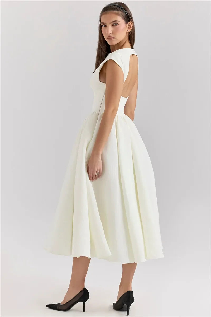 Suninheart Women Circle Cut Out Back Dress Wide Shoulders and Fitted Waist Prom Dress Fluffy Hem Midi Wedding Party Dresses