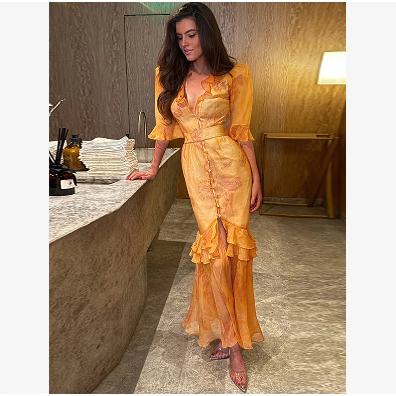 Organza Floral Printed Maxi Dress V-neck Puff Sleeve 2026 Spring/summer Romantic Women Party Gown Fashion Elegant Lady Vestido