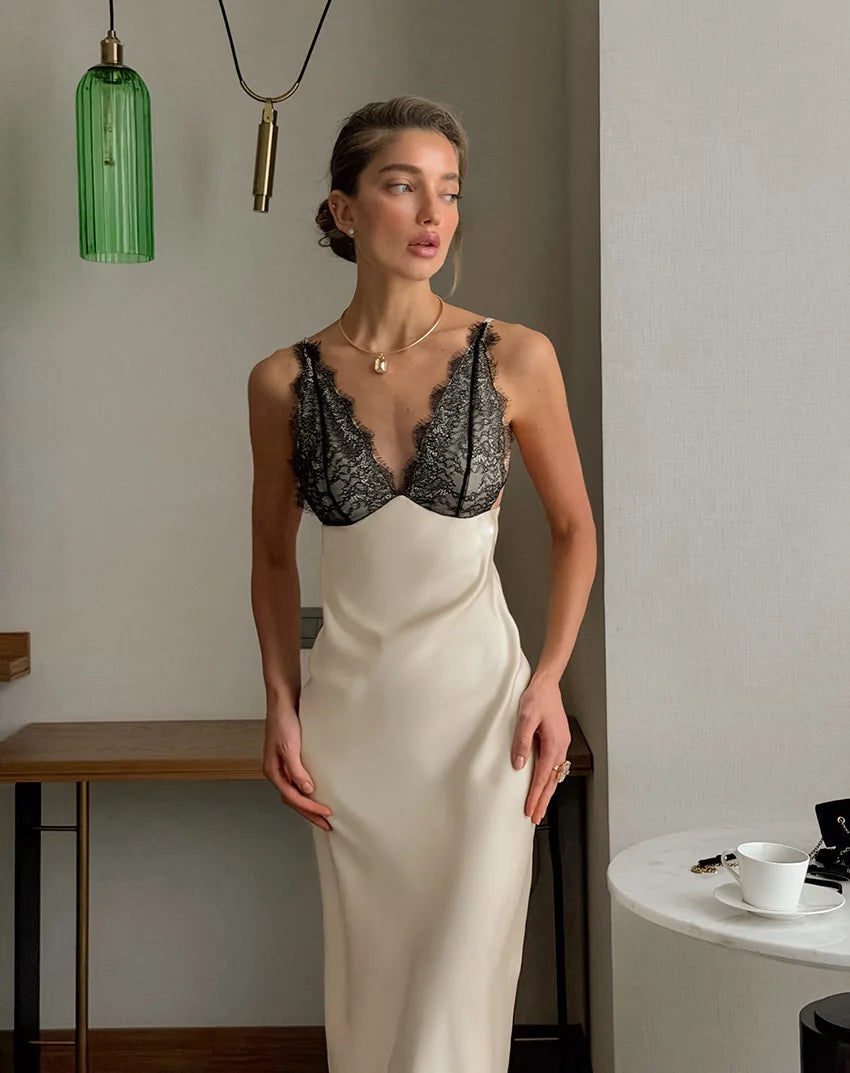 Tossy Lace V-Neck Printed Long Dress Women's Patchwork High Waist Slim Backless Summer 2026 New Dress Female Party Dress Gown