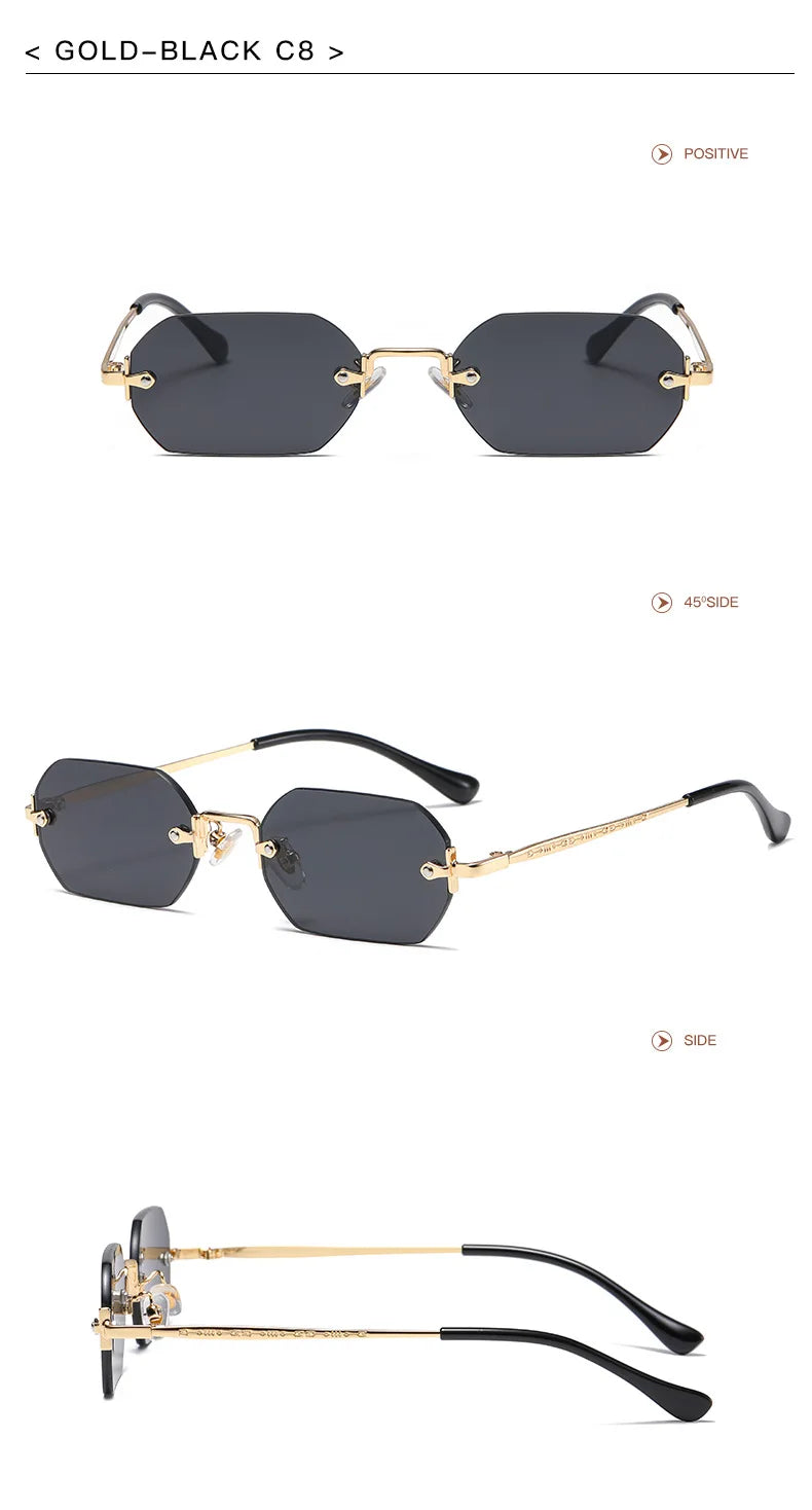 Rimless Rectangle Sunglasses Small Men Glasses Women Metal Gold Polygon Blue Shades 2024 UV400 Frameless