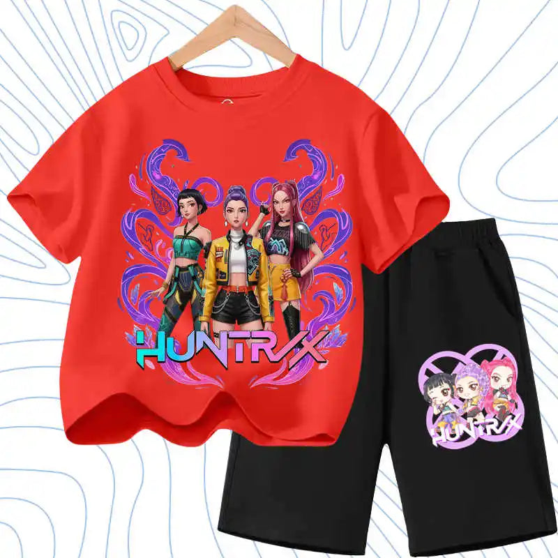 Summer Girls Casual T Shirt Sets K POP Cartoon Printed Kids Fashion Outfits Teen Children's O Neck Short Sleeve Tops Shorts 2pcs