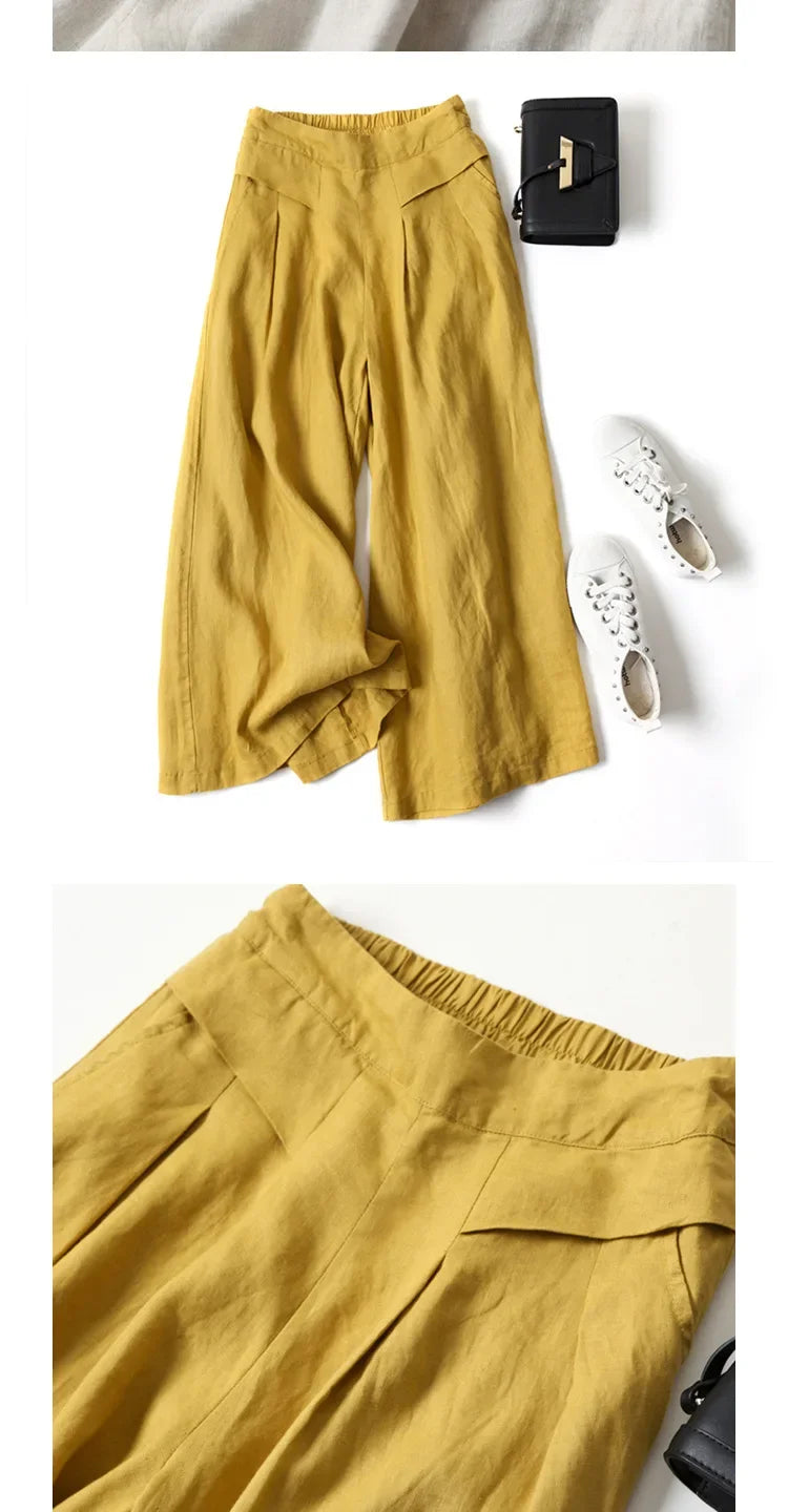 2026 Summer Women's Culottes Cotton Linen Cropped Wide Leg Pants Elastic Waist Casual Palazzo Trousers with Pockets