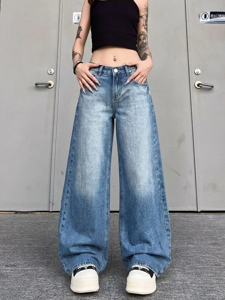 Women's Solid Color Street Style Jeans Cool Girl Bottoms Casual Wide Leg Ripped Denim Pants Female High Waist Baggy Trousers