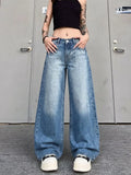 Women's Solid Color Street Style Jeans Cool Girl Bottoms Casual Wide Leg Ripped Denim Pants Female High Waist Baggy Trousers