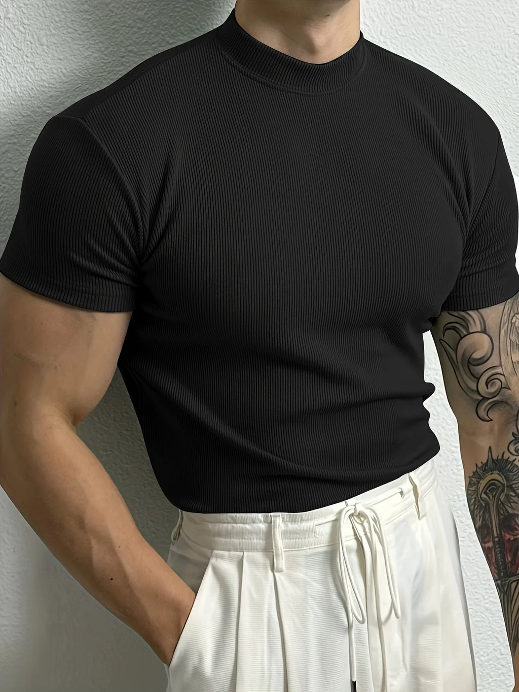 2026 New fashion Men's T-shirt Small high collar stripe shirt short sleeve fitness top leisure sport T-shirt Men sportswear