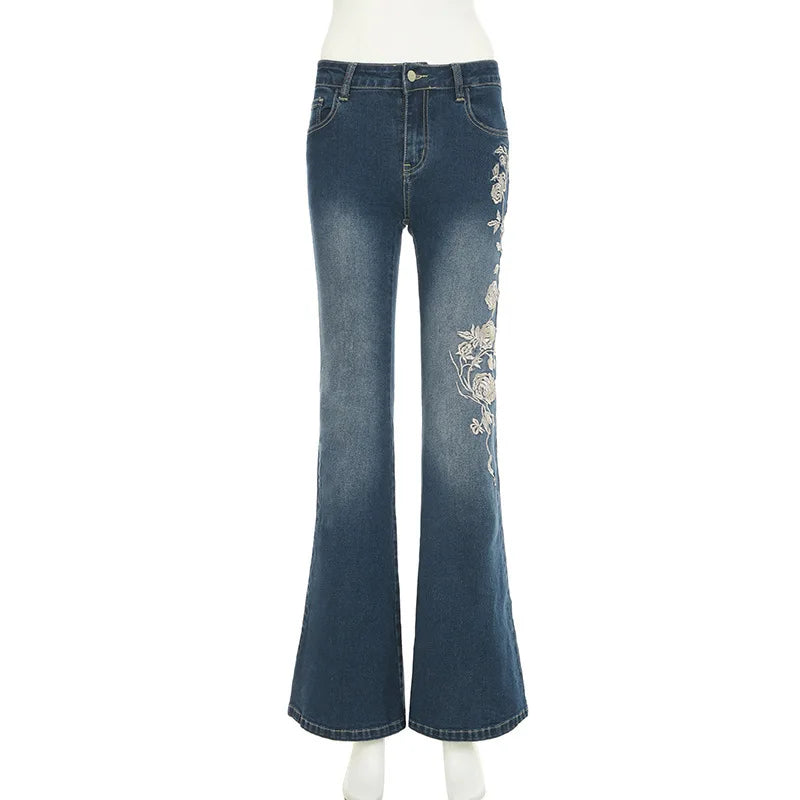 Retro Y2k Jeans Baggy Floral Embroidery Jeans Women Vintage 2000s Low Rise Flared Denim Pants High Street Basic Trousers