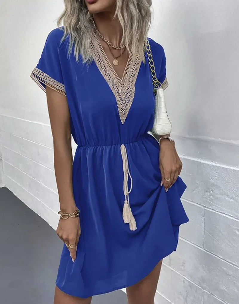 Summer Solid Short Sleeve Lace V Neck Waistband Female Beach Midi Short Dress Elegant Women's Sweet White Solid Color Dresses