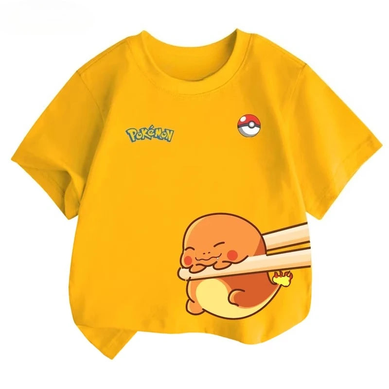 Potdemiel Summer New Pikachu Print Children's Pure Cotton T-Shirt, Boys and Girls, Comfortable and Breathable Children's T-Shirt