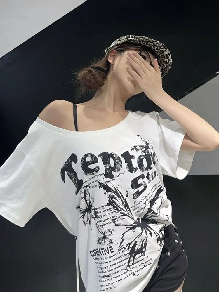 White 100% Cotton Y2k Vintage Oversize Off shoulder Short sleeve T shirt With Print Women Casual Summer Top Butterfly Tees