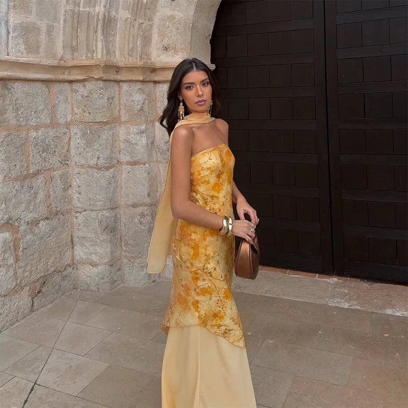 Solid Color Strapless Ribbon Women Summer Dress Sexy Sleeveless Backless High Waist Slim Maxi Vestidos 2026 Lady Vacation Outfit