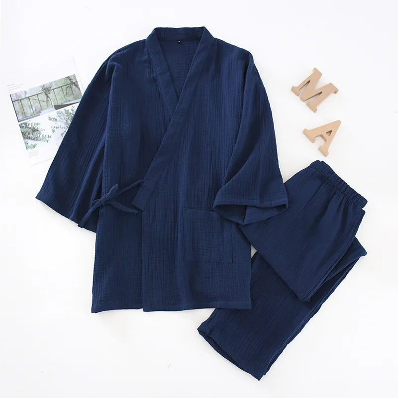 2026 Japanese Kimono Set 100%Cotton Pajamas Two-piece Couple Yukata Loose Men's And Women's Sweat Steaming Suit Home Service Set