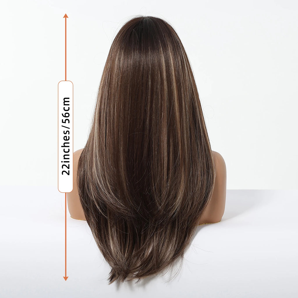 ALAN EATON Long Brown Highlight Synthetic Wigs Layered Straight Hair Wig Realistic Fake Hair for Daily Wear High Temperature Wig