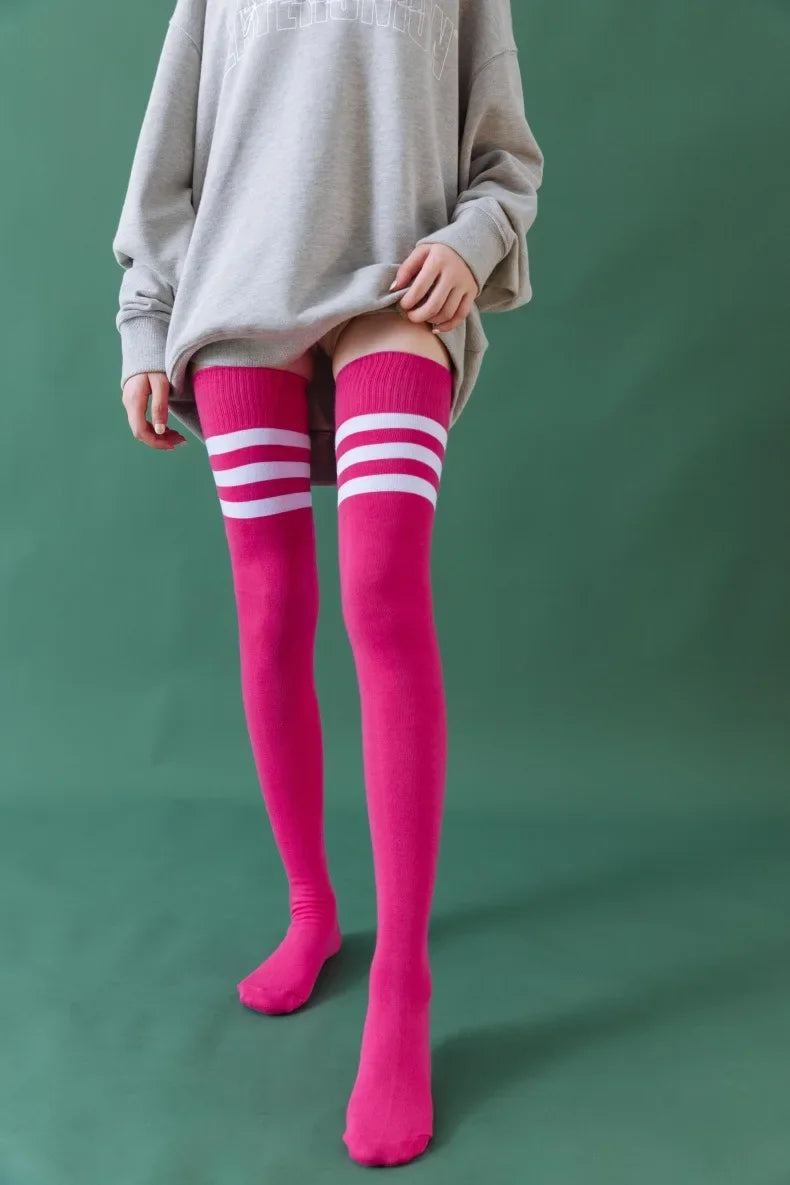 2 Pairs Women's Over The Knee Socks Cotton Thigh High Socks Black White Blue Colorful Striped Pattern Fashion Casual Daily Wear