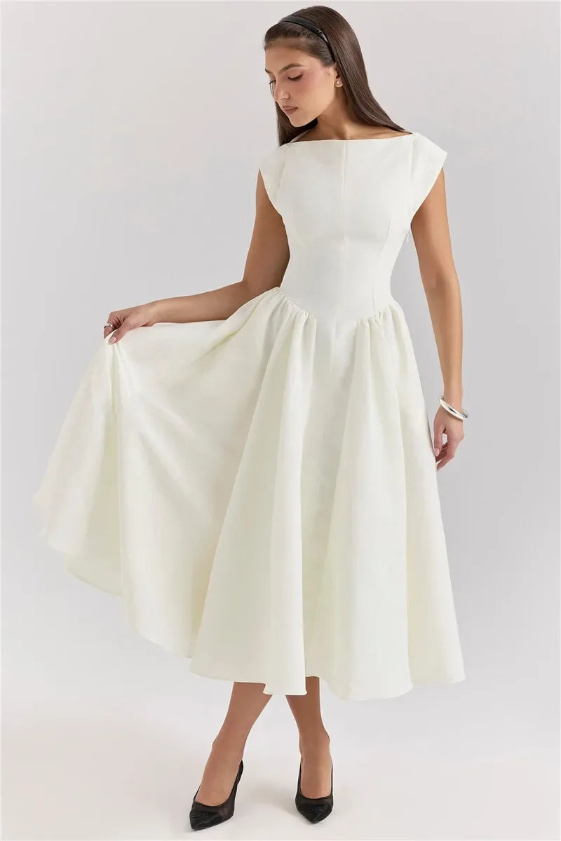 Suninheart Women Circle Cut Out Back Dress Wide Shoulders and Fitted Waist Prom Dress Fluffy Hem Midi Wedding Party Dresses